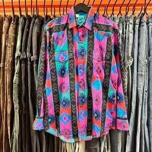 Vintage 70s Roper Western Aztec Pearl Snap Shirt, Multi-Color Tribal Print, Size